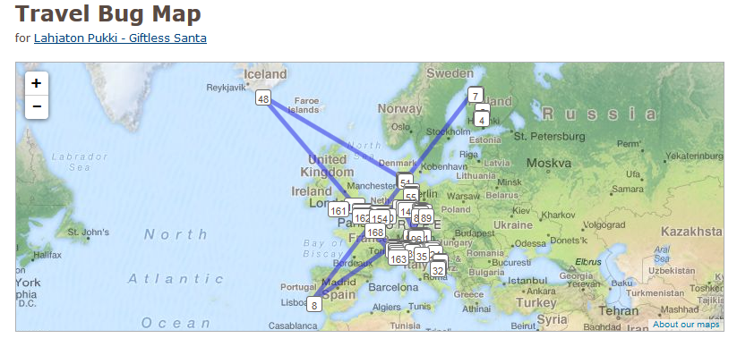 Kuva 1 - Travel bugin kartalta näkee missä päin maailmaa matkaaja on reissannut.
