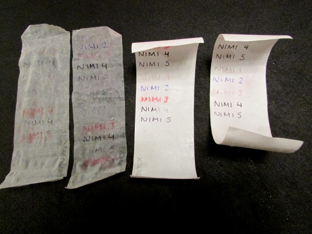 Kuva 10 - Kaikki paperit testin jälkeen. Vasemmalta: Leivinpaperi, voipaperi, Pretex, Ritr