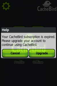 Kuva 2 - CacheBird subscriptionin päättymisestä tulee tämän näköinen ilmoitus.