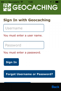 Kuva 1- Geocaching.com autentikointi vaaditaan CacheBirdin käyttämiseksi.