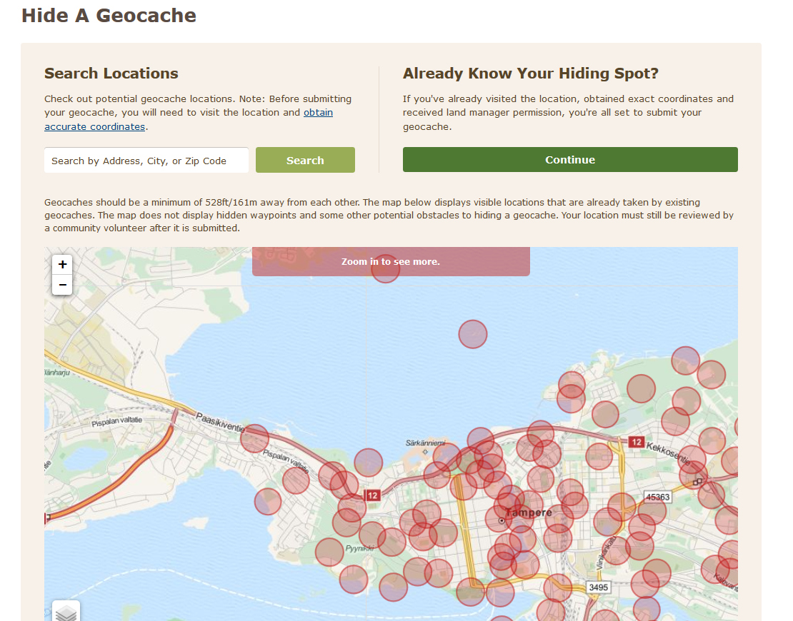 Kuva 2 - Kartalta voit tarkistaa vielä oliko valitsemasi kätköpaikka vapaa, vai onko jokin toinen kätkö liian lähellä.