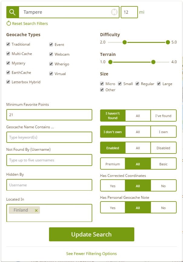 Kuva 1 - Geocaching.comin ensi viikolla julkaistava uusi hakutoiminto näyttänee tältä.