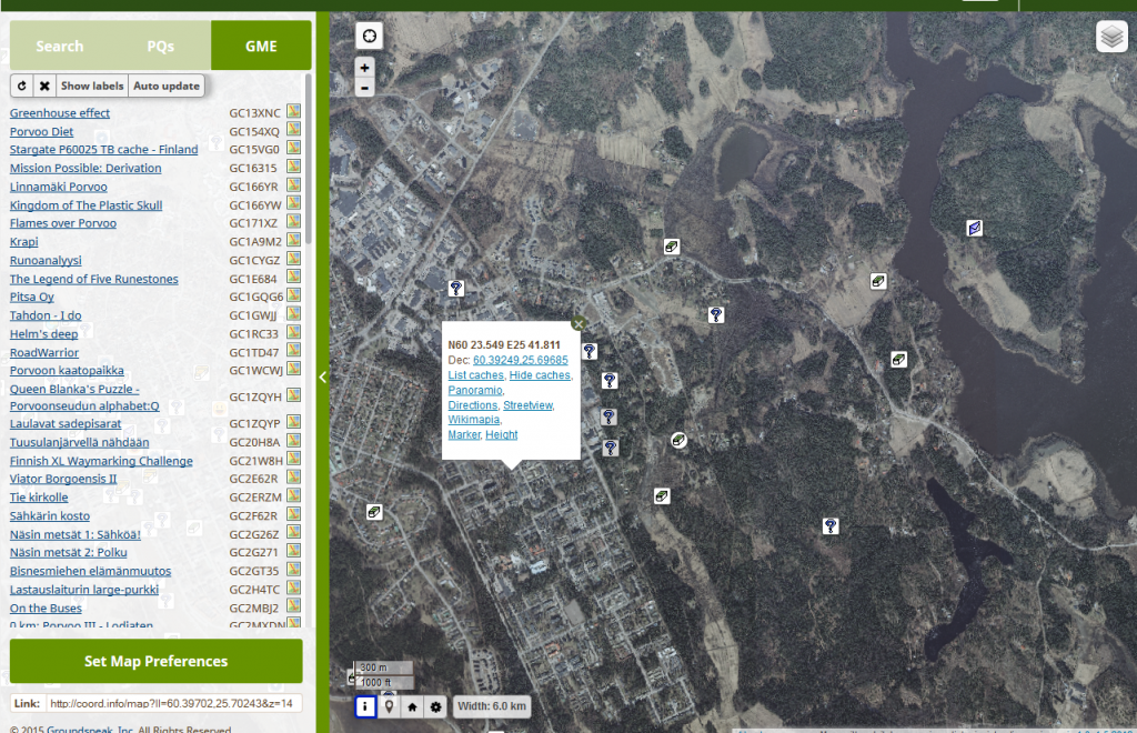 Kuva 8 - GME -skriptin avulla näkee kartalla näkyvät kätköt kätevästi listana vasemmassa palkissa.