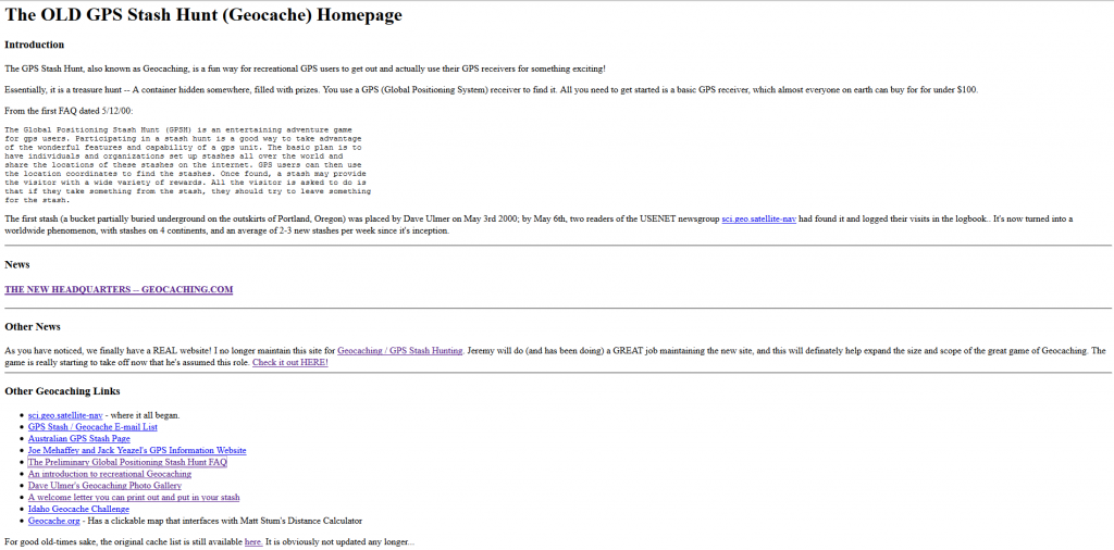 Kuva 1 - Mike Teaguen ylläpitämä ensimmäinen geokätköilysivu näytti tältä. 