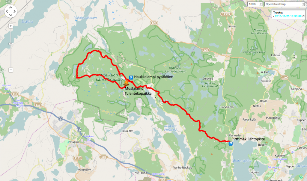 Kuva 1 - Vaelluksen reitti: Lähdimme Pirttimäestä kohti Haukkalammin parkkialuetta. Siitä Mustalammille tulistelemaan ja siitä power trailin reitti myötäpäivään - joskin trailin numerointiin nähden käänteisessä järjestyksessä.