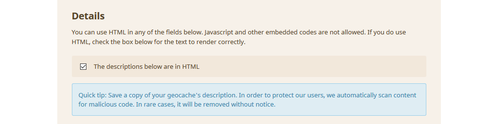 Kuva 4 - Jos geocheckerin lisää HTML-koodin avulla, tulee kätkökuvauksessa valita, että kätkökuvaus on HTML-muodossa rastittamalla "The descriptions below are in HTML" -ruutu