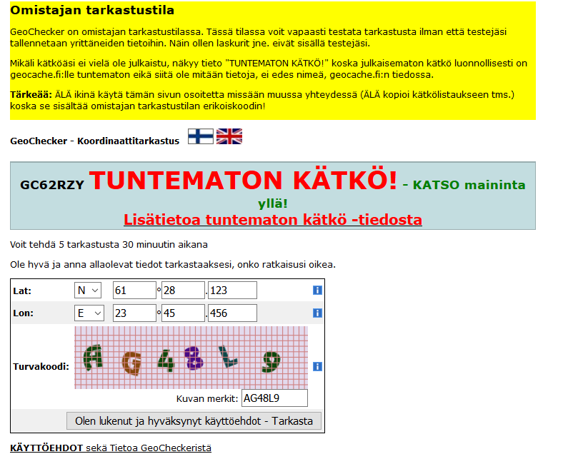 Kuva 5 - Testimoodissa checkeriä voi rauhassa kokeilla. Ratkaisuyritykset eivät kirjaudu checkerin tilastoihin.