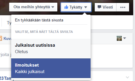 Kuva 1 - Facebookissa tykkäyksen lisäksi kannattaa tilata itselleen julkaisut. Muuten niitä ei välttämättä näytetä.