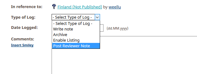 Kuva 1 - Kätkötarkastajille voi laittaa viestiä reviewer note -loggauksella. Nämä loggaukset poistuvat kuvaussivulta kun kätkö julkaistaan.