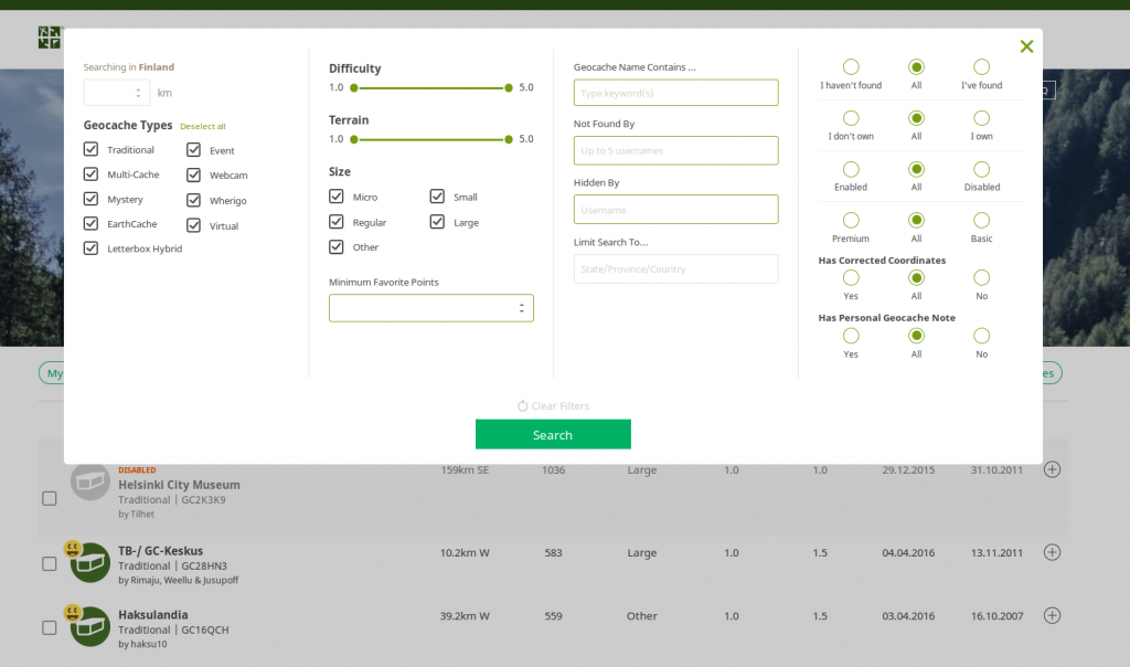 Kuva 1 - Geocaching.comin uudet hakuehdot näyttävät tältä.